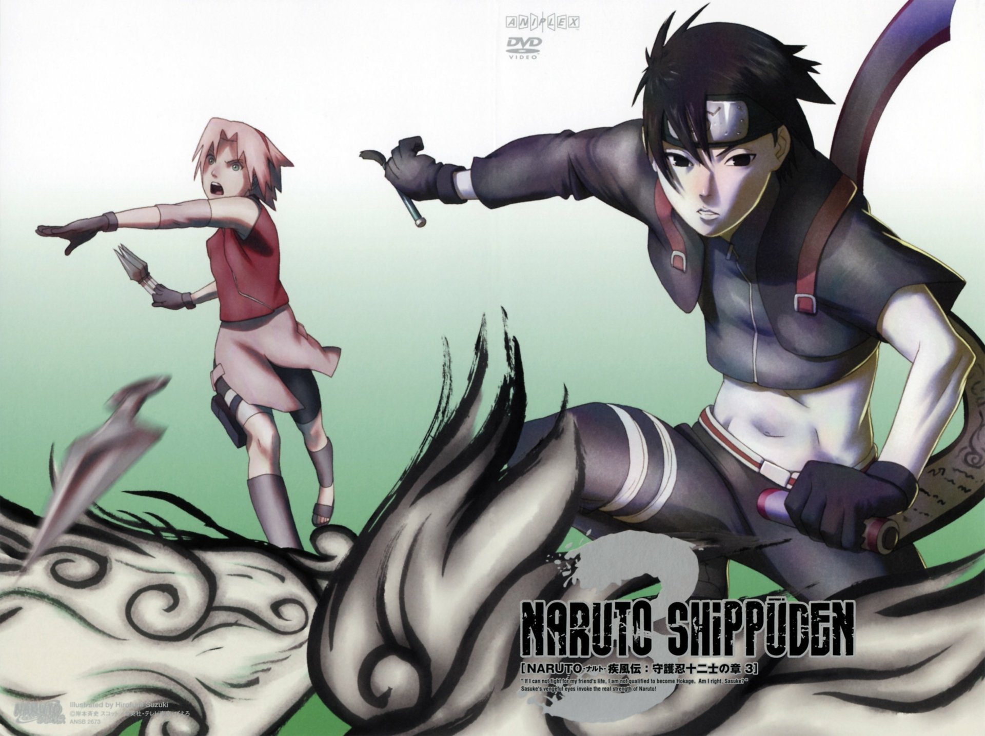 HD PC desktop wallpaper featuring Sai and Sakura Haruno from the anime Naruto Shippuden in dynamic action poses with a green gradient background.