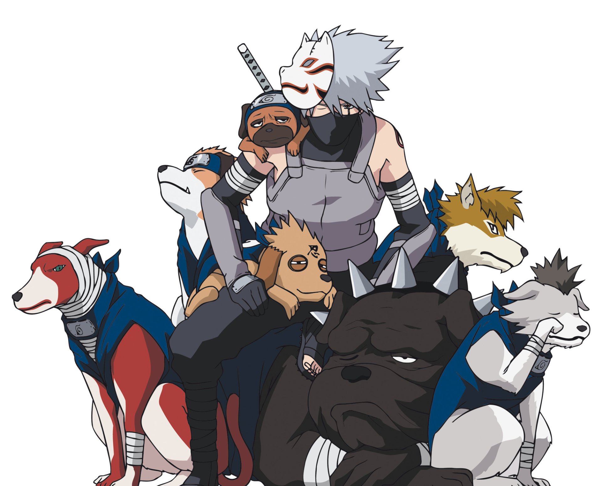 HD desktop wallpaper featuring Kakashi Hatake from Naruto, shown with his pack of ninja dogs.