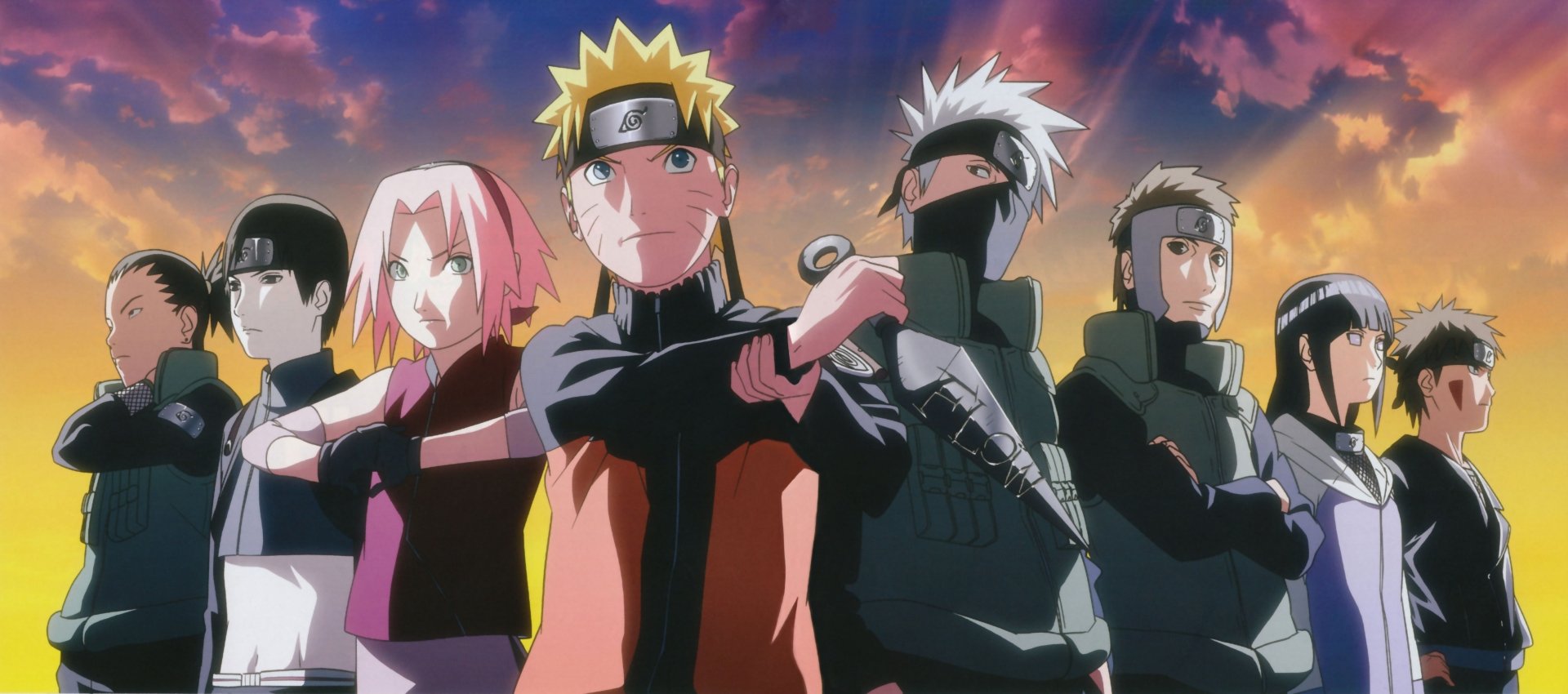 HD desktop wallpaper featuring Naruto Uzumaki, Sakura Haruno, Sai, Kiba Inuzuka, Shikamaru Nara, and Yamato from the anime Naruto, posing against a dynamic sunset background.