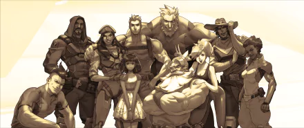 HD desktop wallpaper featuring characters from Overwatch: Torbjörn, Soldier: 76, Reinhardt, Mercy, McCree, Reaper, and Ana in a group pose. The image showcases detailed artwork of these iconic video game heroes.