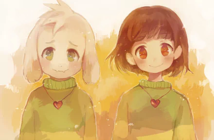 HD desktop wallpaper of Chara and Asriel from the video game Undertale, both wearing green and yellow sweaters with heart pendants, standing side by side against a warm, soft background.