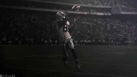 HD desktop wallpaper featuring an action shot of a football player mid-catch, with DEZ BRYANT text overlay and a dark, atmospheric stadium background.