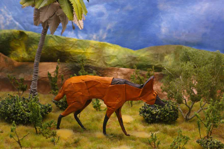 A man-made origami fox set in a detailed natural landscape, rendered as a vibrant 4K Ultra HD PC desktop wallpaper background.