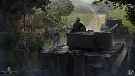 HD desktop wallpaper from the video game World of Tanks featuring a Tiger I tank and soldiers in a forested battlefield setting.