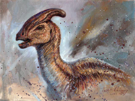 Parasaurolophus dinosaur portrait with painterly splatter textures — animal illustration, 2K Quad HD PC desktop wallpaper/background.