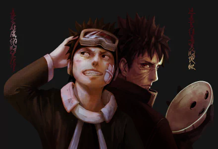 HD desktop wallpaper featuring Obito Uchiha from the anime Naruto, with a dual portrayal of his younger self and older, masked self against a dark background.