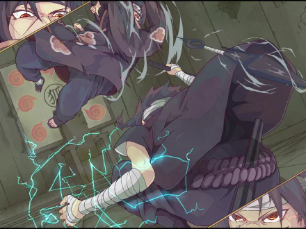 This HD desktop wallpaper features Itachi Uchiha and Sasuke Uchiha from the anime Naruto in an intense fight scene. Vibrant energy and dynamic poses capture the essence of their iconic battle.