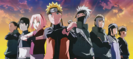 HD desktop wallpaper featuring Naruto Uzumaki, Sakura Haruno, Sai, Kiba Inuzuka, Shikamaru Nara, and Yamato from the anime Naruto, posing against a dynamic sunset background.