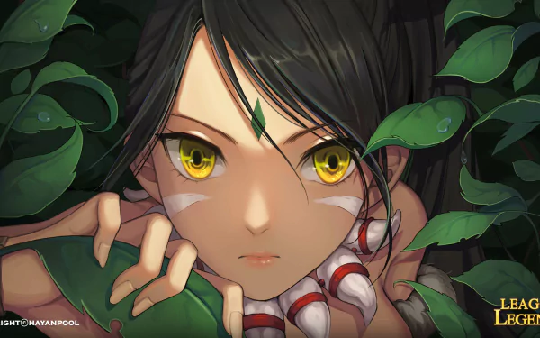 HD desktop wallpaper featuring Nidalee from League of Legends, with intense yellow eyes gazing through lush green leaves. League of Legends logo visible in the corner.
