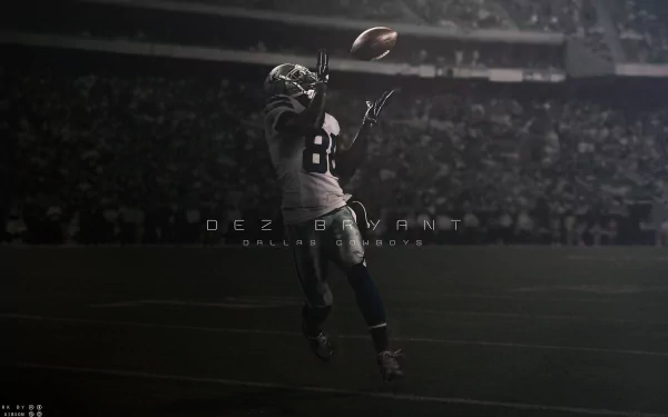HD desktop wallpaper featuring an action shot of a football player mid-catch, with DEZ BRYANT text overlay and a dark, atmospheric stadium background.