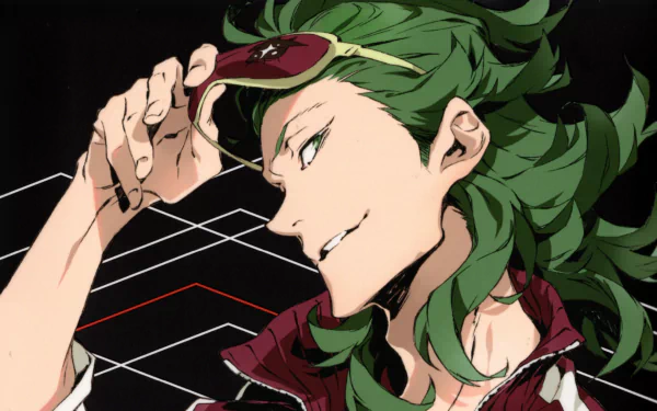 2K Quad HD PC desktop wallpaper of a green-haired Kiznaiver anime character in profile, smirking while lifting sunglasses against a dark geometric background with white and red lines.