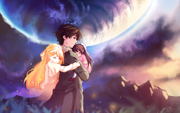 HD anime wallpaper featuring Shelter characters Rin and others in an emotional embrace under a dramatic night sky with a large planet in the background.