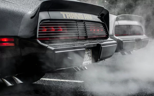 HD desktop wallpaper featuring the rear view of a classic Pontiac Trans Am vehicle emitting exhaust smoke in a moody, grayscale setting.