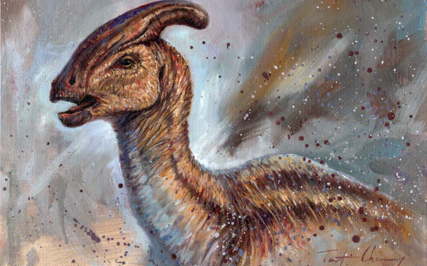 Parasaurolophus dinosaur portrait with painterly splatter textures — animal illustration, 2K Quad HD PC desktop wallpaper/background.
