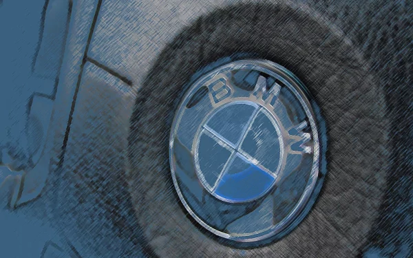 Close-up of a BMW logo on a textured background, showcasing the iconic circular design in blue and black. This HD image serves as a sleek wallpaper or background.