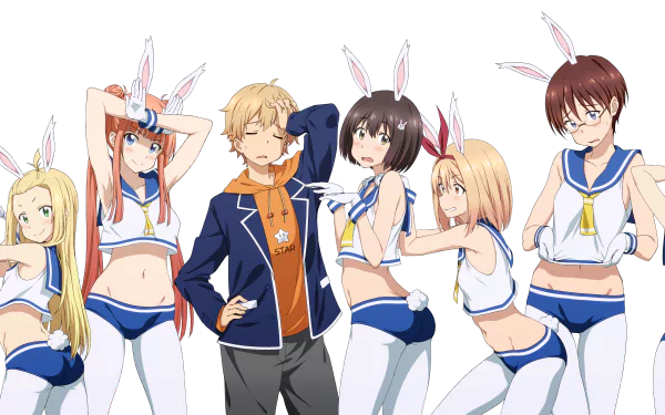 HD desktop wallpaper featuring characters from the anime This Art Club Has a Problem! The characters are in playful poses, wearing bunny-themed costumes.