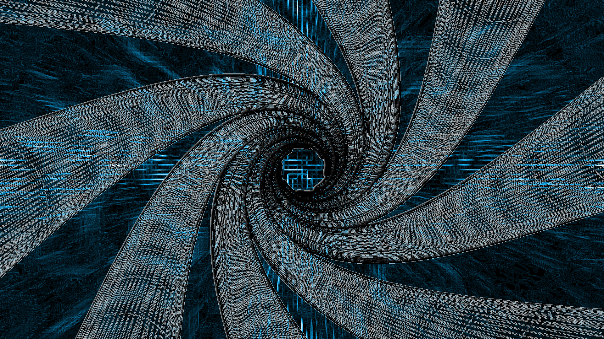 Abstract fractal design in silver and blue hues, swirling inward with intricate patterns, rendered as an HD PC desktop wallpaper and background.