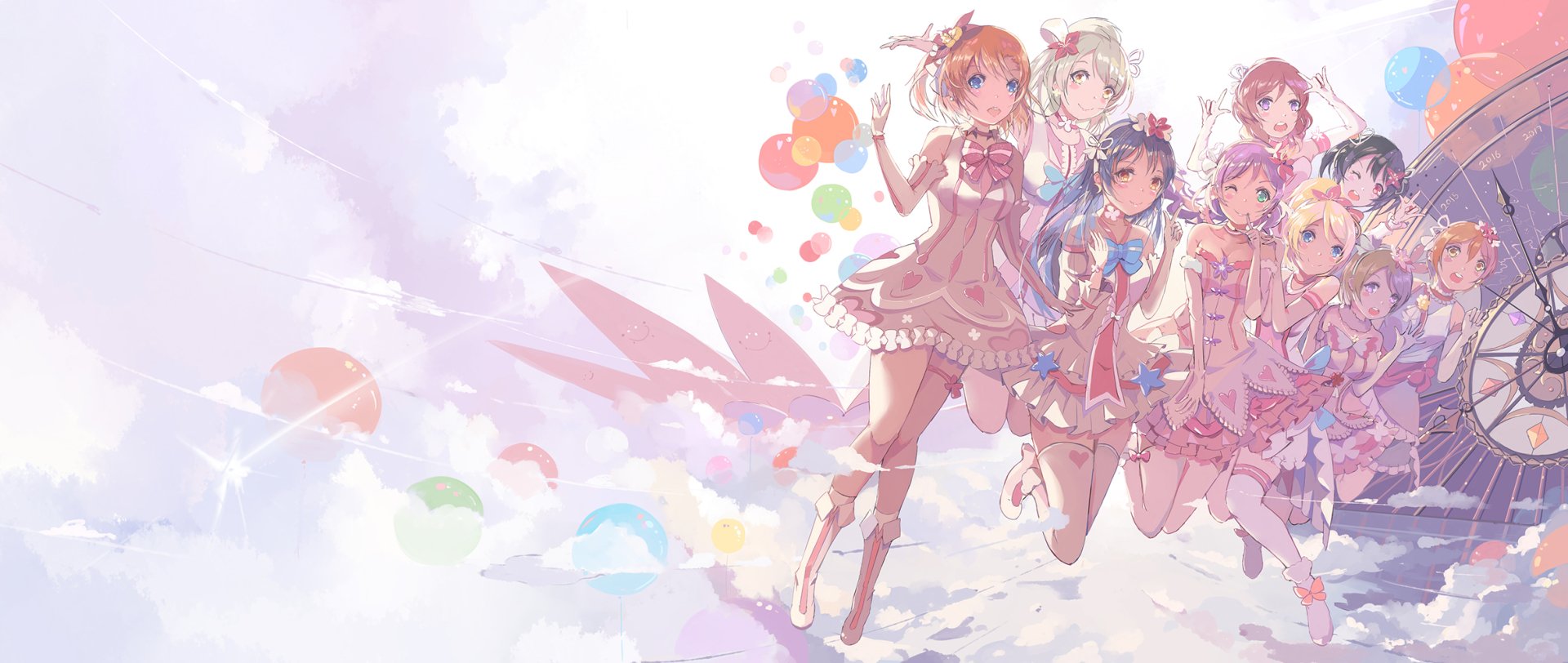 HD PC desktop wallpaper featuring anime characters Nico Yazawa, Eri Ayase, Nozomi Tojo, Hanayo Koizumi, Rin Hoshizora, Maki Nishikino, Kotori Minami, Umi Sonoda, and Honoka Kousaka from Love Live!