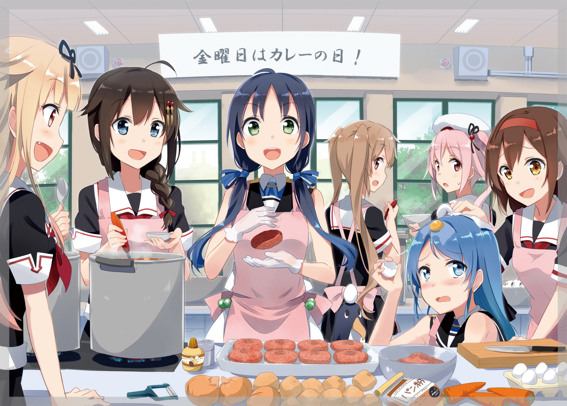 Anime-style HD desktop wallpaper featuring Kantai Collection characters Suzukaze, Shiratsuyu, Samidare, Shigure, Harusame, Murasame, and Yuudachi in aprons cooking food.
