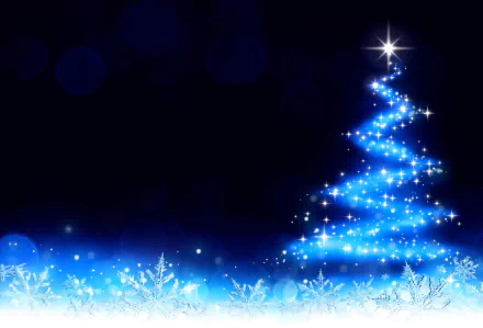 HD desktop wallpaper depicting a vibrant Christmas scene with a glowing blue Christmas tree against a dark background, surrounded by snowflakes.
