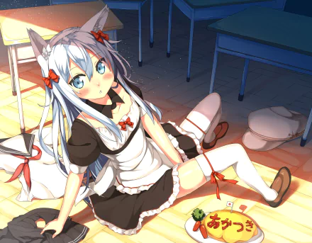 HD anime desktop wallpaper featuring a character from Kantai Collection, with blue eyes and cat ears, dressed in a maid outfit, sitting on the floor in a classroom setting.