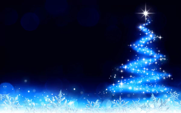 HD desktop wallpaper depicting a vibrant Christmas scene with a glowing blue Christmas tree against a dark background, surrounded by snowflakes.