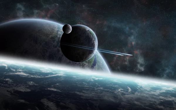 A stunning 4K Ultra HD sci-fi wallpaper showing a dramatic planet rise with two celestial bodies and a distant spaceship cutting through the cosmic backdrop.