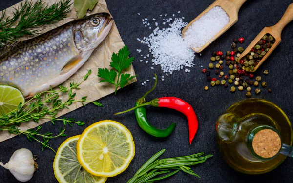 pepper lemon oil spices fish food still life HD Desktop Wallpaper | Background Image