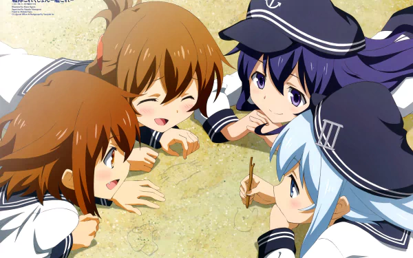 Anime, Kantai Collection — four ship girls in sailor uniforms lie in a circle on sand, laughing and sketching; 5K Ultra HD PC desktop wallpaper and background.