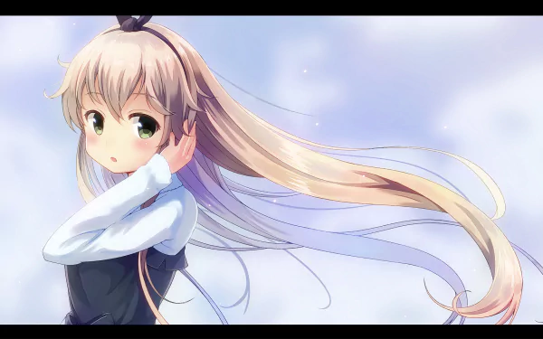 HD PC desktop wallpaper featuring Shimakaze from Kantai Collection, depicted in detailed anime style with flowing blonde hair and a serene sky background.