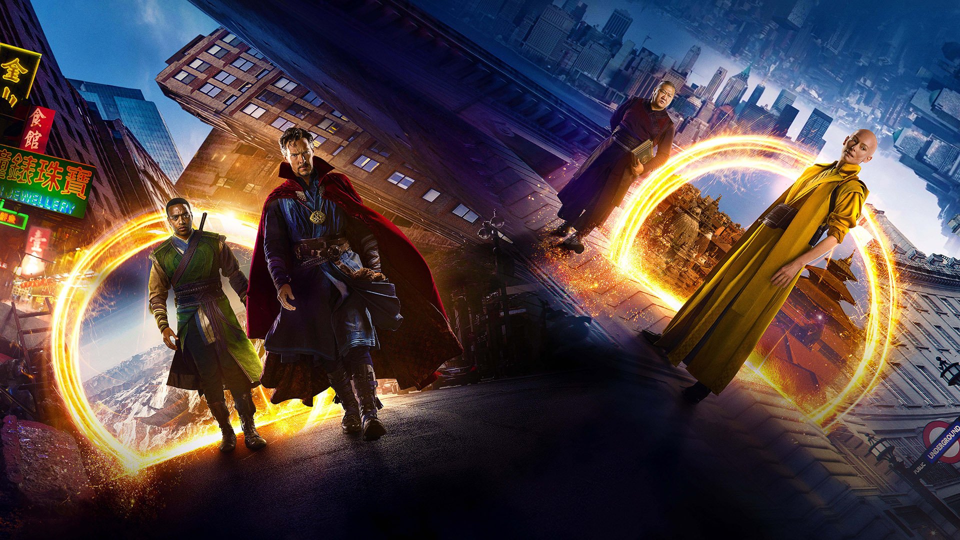HD PC desktop wallpaper featuring Doctor Strange characters standing near glowing magical portals with a cityscape background from the movie Doctor Strange.