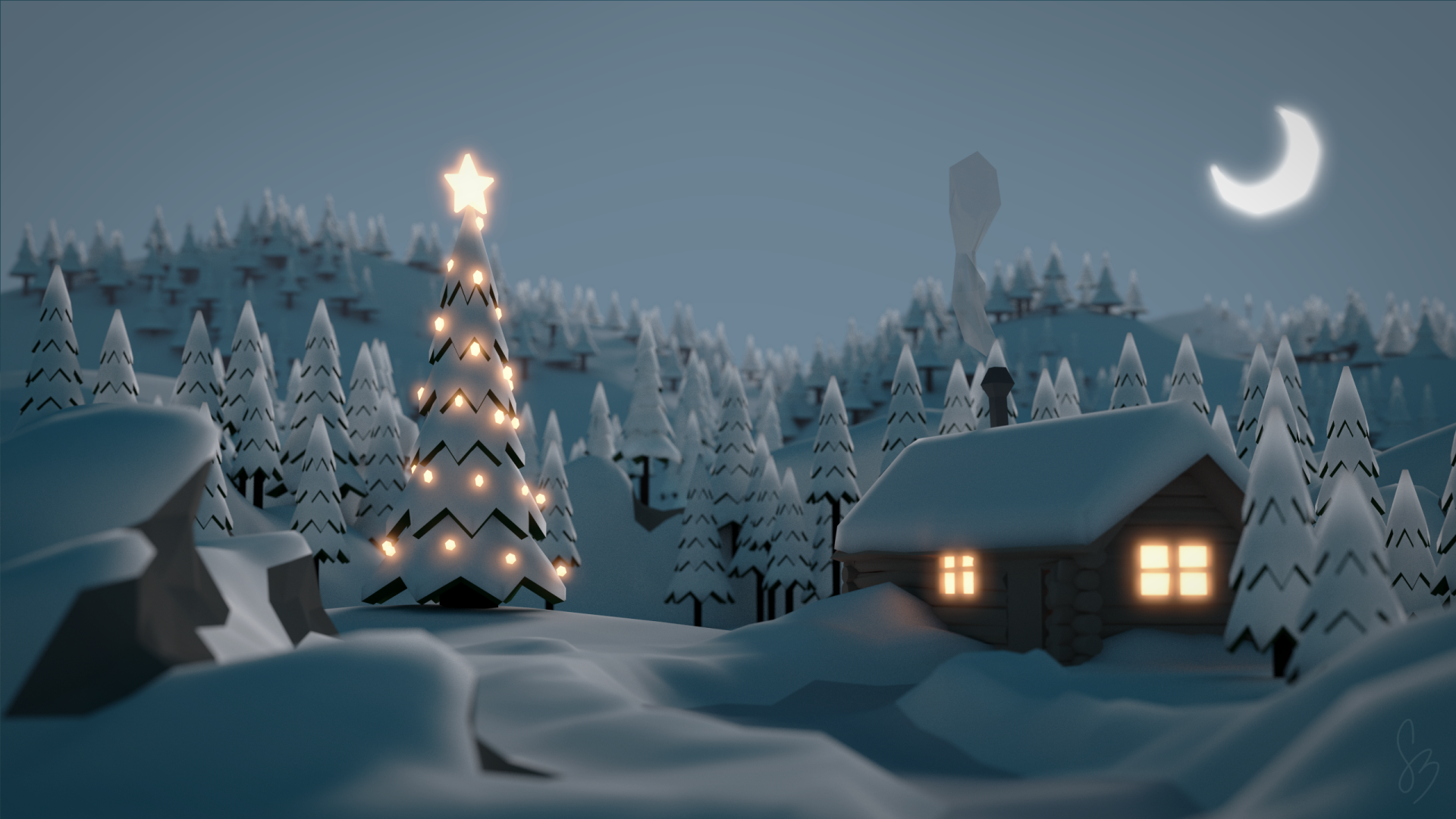 Download Snow Forest Moon Christmas Tree Tree Cabin Artistic Winter HD