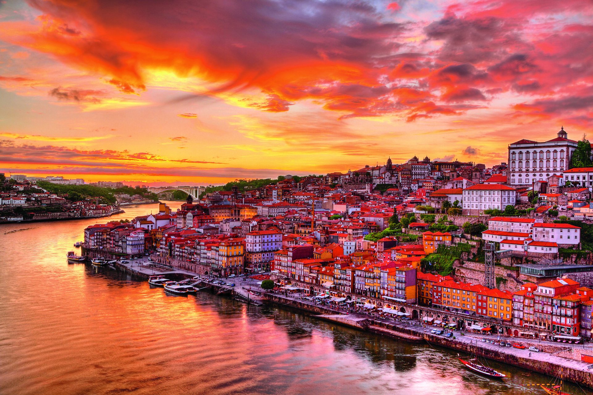 Download Sunset Boat Colorful House City Portugal Man Made Porto HD