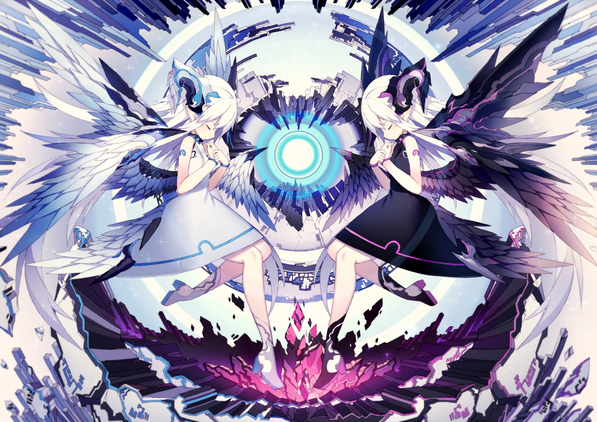 HD desktop wallpaper featuring an original anime artwork. Two ethereal characters with wings, dressed in contrasting light and dark outfits, stand back-to-back with a glowing orb at the center.