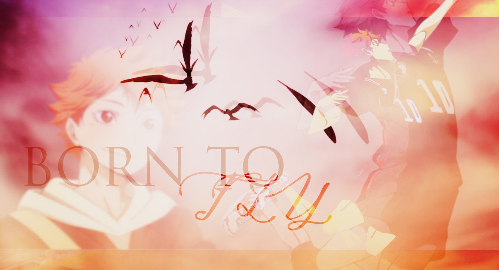 HD desktop wallpaper featuring Hinata Hyuga from the anime Haikyū!!. The background includes dynamic volleyball action, birds in flight, and the phrase Born to Fly.