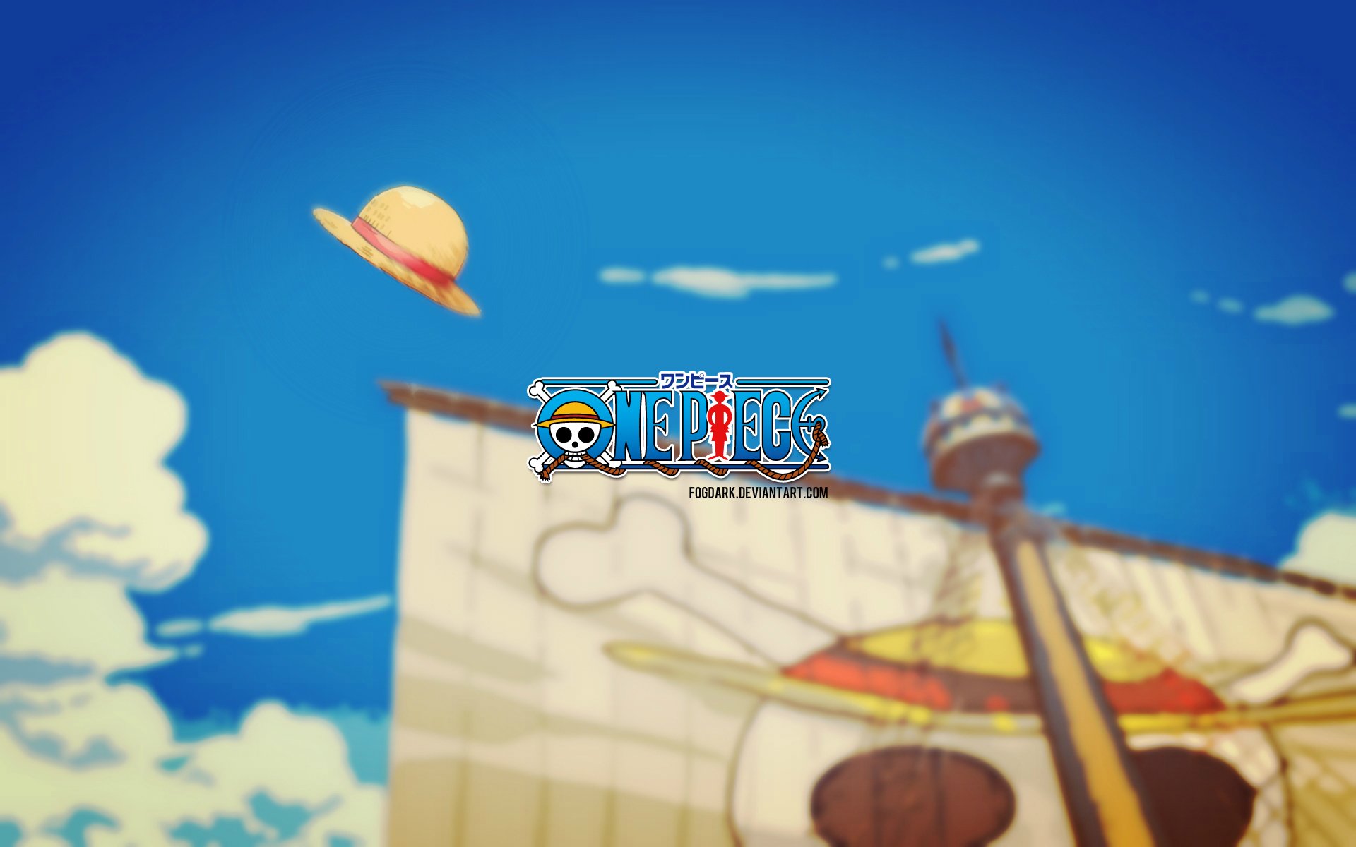 HD PC desktop wallpaper featuring a clear blue sky, the Straw Hat sailing ship with its iconic sail, and the One Piece logo prominently displayed.