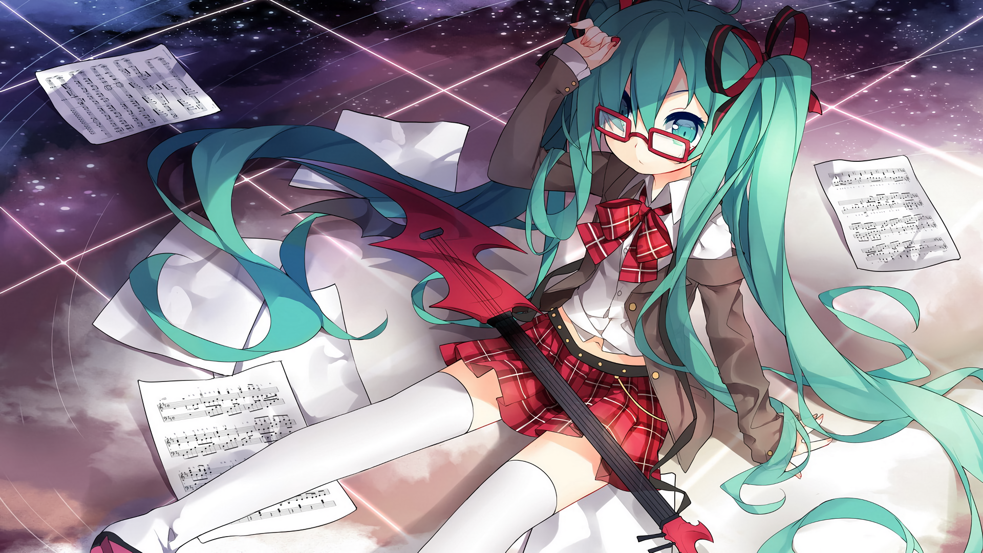An HD desktop wallpaper featuring Hatsune Miku, an anime character from Vocaloid, relaxing on a floor scattered with sheet music, holding a unique red guitar, with a galaxy-themed background.