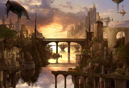 A high-definition wallpaper featuring a futuristic fantasy city with towering buildings, multiple ornate bridges, a floating boat, and a stunning sunset over a tranquil river.