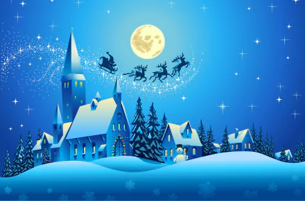 A festive HD desktop wallpaper depicts a wintry night with a church, Santa's sleigh flying over rooftops, reindeer, and a full moon, all in a blue holiday Christmas setting.