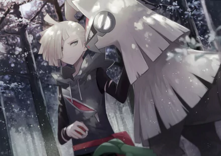Gladion and his Pokémon Silvally standing in a snowy forest. Gladion has short white hair and is holding a Pokéball. This HD wallpaper features characters from Pokémon: Sun and Moon video game.