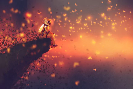 A sci-fi themed HD wallpaper featuring an astronaut sitting on the edge of a cliff, surrounded by glowing lights in a surreal, otherworldly atmosphere.