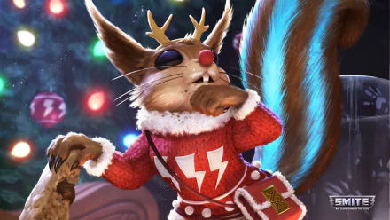 Ratatoskr from Smite is depicted in detailed 4K Ultra HD as a festive, anthropomorphic squirrel wearing sunglasses and a red sweater in this PC desktop wallpaper.