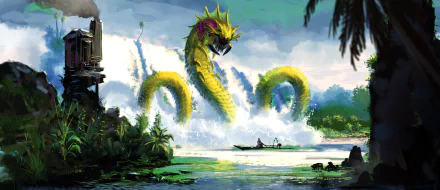 A vibrant 4K Ultra HD fantasy wallpaper featuring a massive sea monster emerging from a waterfall, towering over a small boat in a lush, tropical landscape.