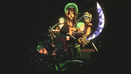 HD desktop wallpaper featuring Roronoa Zoro from the anime One Piece, showcasing various poses and his distinctive green hair and swords against a dark background.