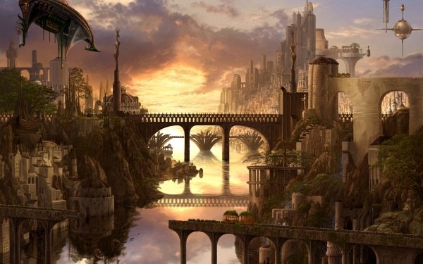 Fantasy City Boat Bridge Building Futuristic HD Wallpaper | Background Image