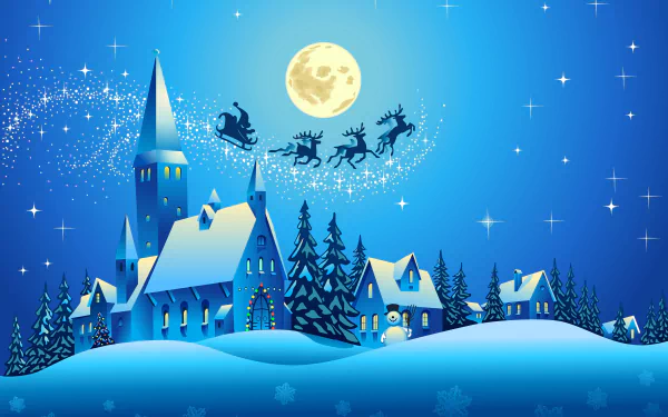A festive HD desktop wallpaper depicts a wintry night with a church, Santa's sleigh flying over rooftops, reindeer, and a full moon, all in a blue holiday Christmas setting.