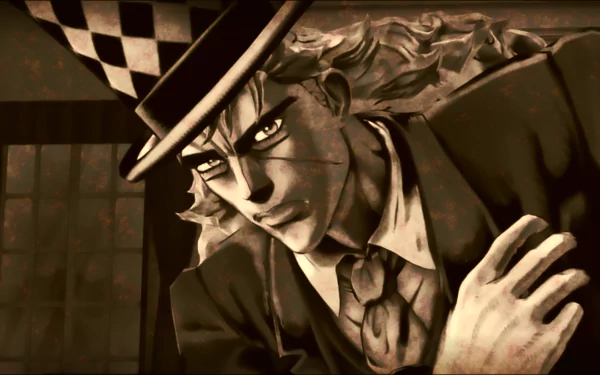 HD PC desktop wallpaper of Robert E. O. Speedwagon from JoJo's Bizarre Adventure: Phantom Blood, tipping his hat in a sepia-toned anime portrait.