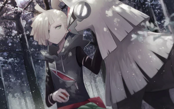 Gladion and his Pokémon Silvally standing in a snowy forest. Gladion has short white hair and is holding a Pokéball. This HD wallpaper features characters from Pokémon: Sun and Moon video game.