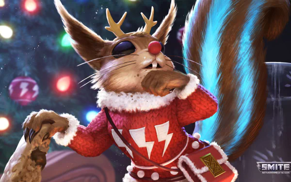Ratatoskr from Smite is depicted in detailed 4K Ultra HD as a festive, anthropomorphic squirrel wearing sunglasses and a red sweater in this PC desktop wallpaper.