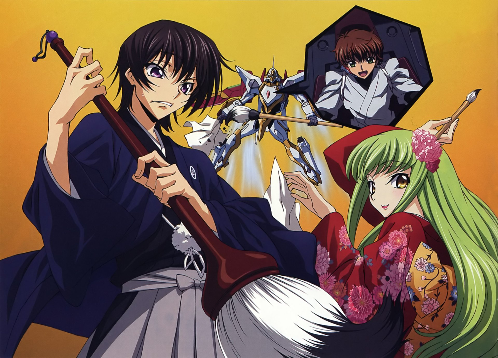 HD PC desktop wallpaper, Code Geass anime: three characters (male with brush-like weapon, green-haired woman in kimono) and a Knightmare Frame against an orange background.